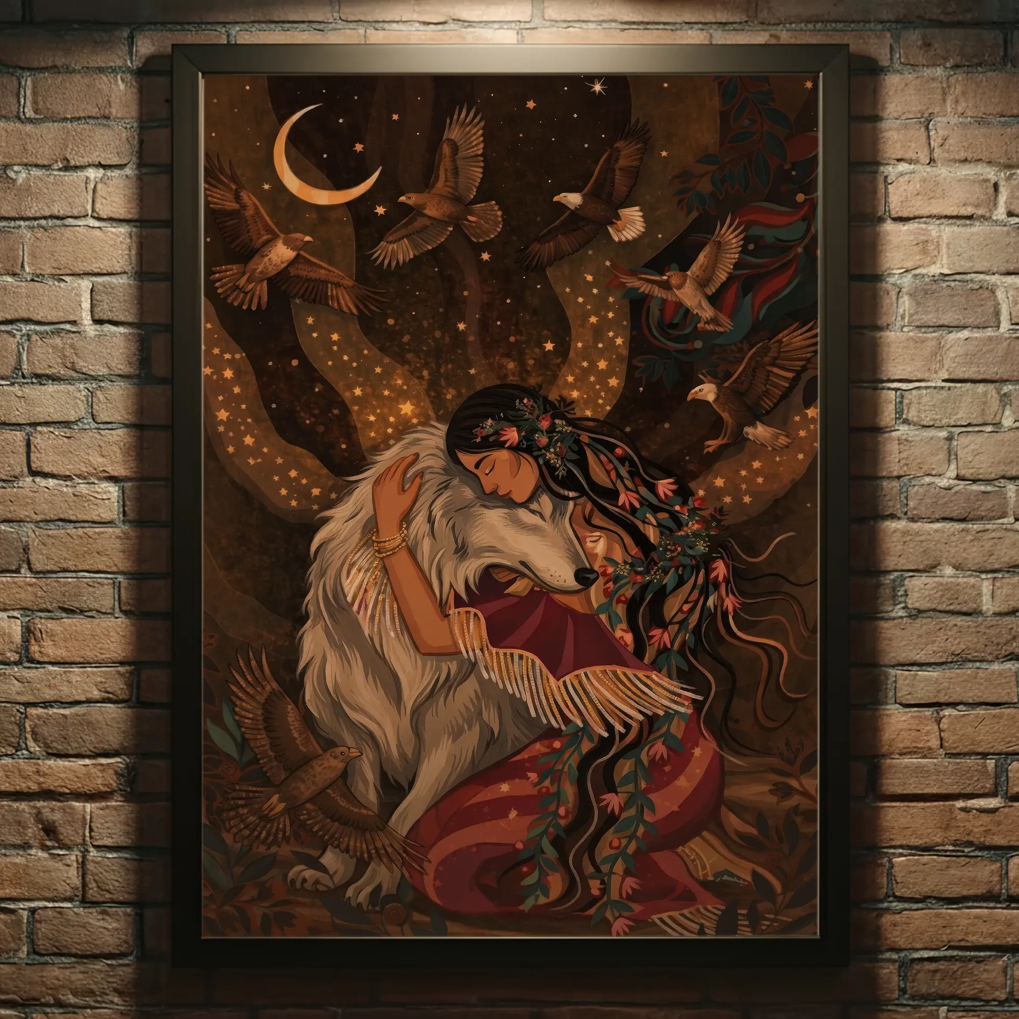 Mystical Wolf Spirit & Tribal Woman Poster - Boho Ethnic Wall Decor - Earthy Brown Celestial Art Print - Native American Soul Connection Artwork for Living Room