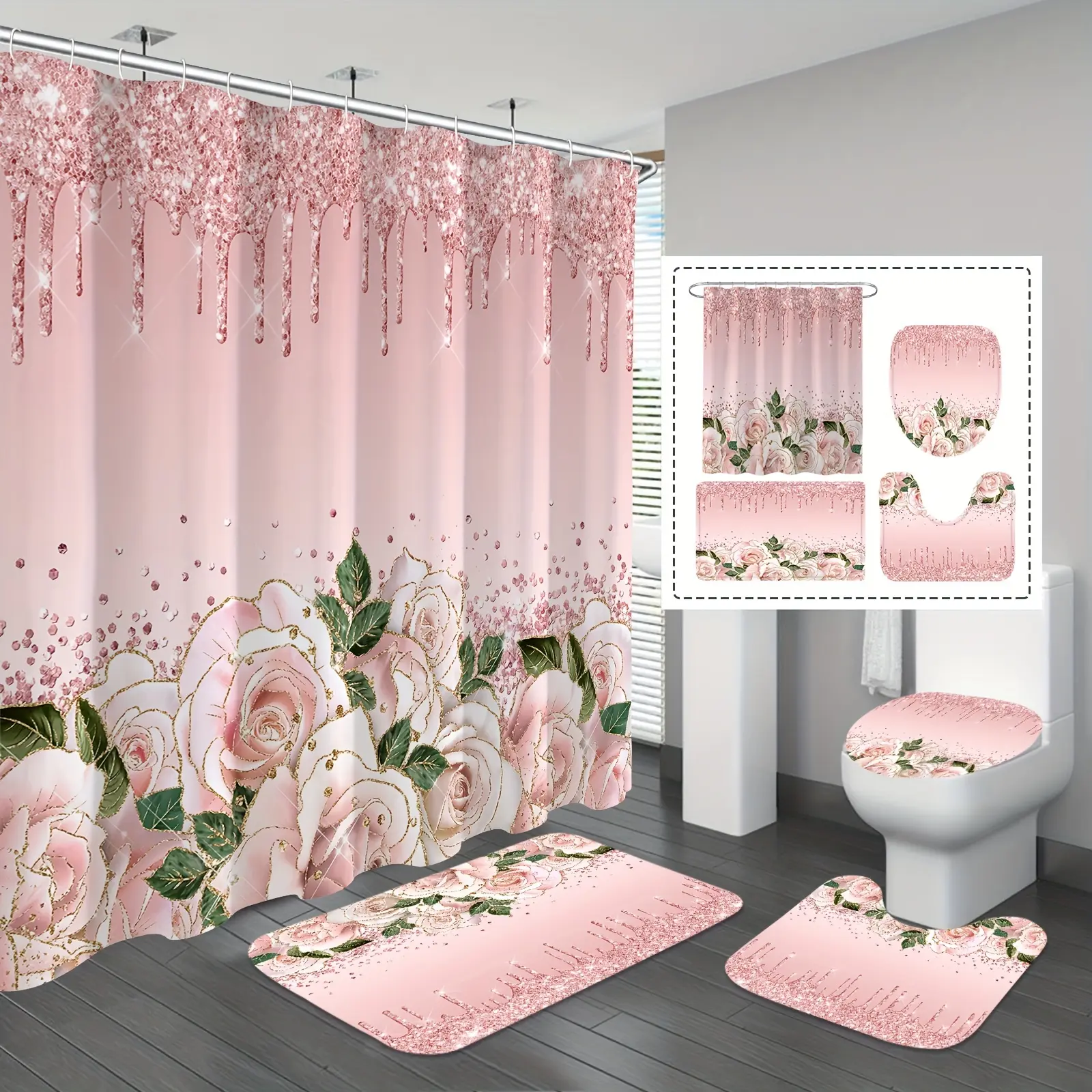 HOT 1/4pcs Pink Elegant Rose Shower Set  Glitter Shower Curtains For Bathroom  Waterproof Shower  Bathroom Rug  Toilet U-Shape Mat  Toilet Lid Cover  Bathroom Decor With 12 Hooks Pedestal