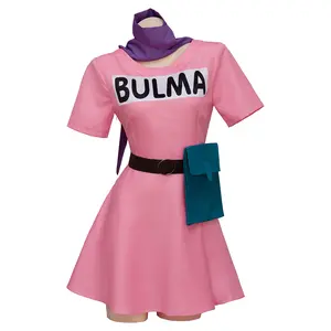 Bulma Cosplay Costume Pink Dress Headwear Purple Scarf Belt Bag Full Set