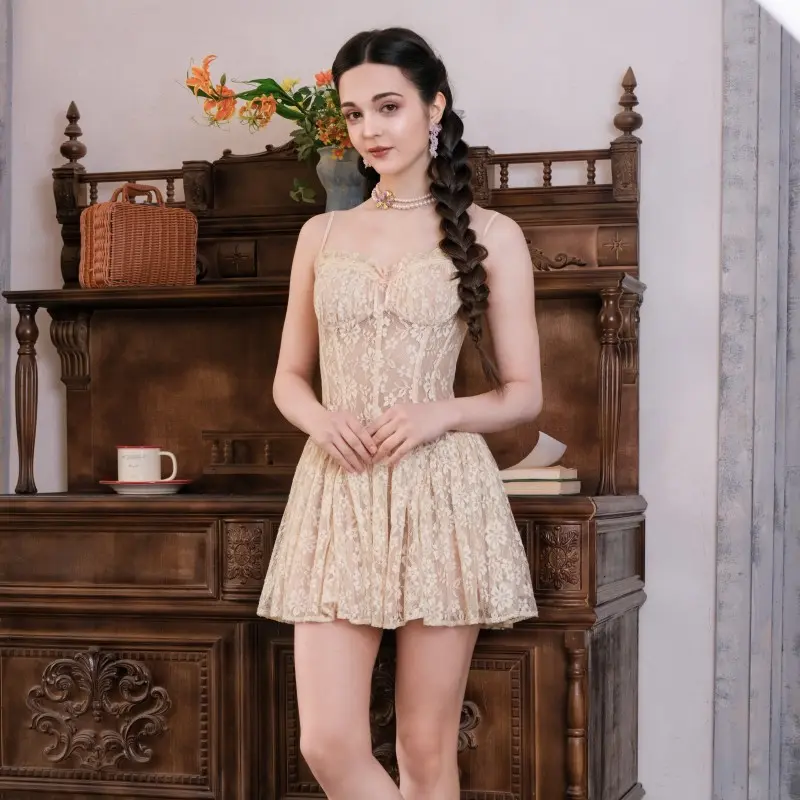 The Dreamscape Corset Dress-LuminaVenus Dresses Short  Summer Graduation Party Dress Sundress Straps Design Dinner Outfits Vacation Classy Cute Outfit Sets Lace Birthday Outfit Elegance Evening Adjustable Sleeveless Beige Guest Dress
