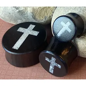 PAIR of Beautiful Crystal Quartz Cross Inlay Black Wood Saddle Plugs/Tunnels - Gauges 0g (8mm) thru 1" (25mm)