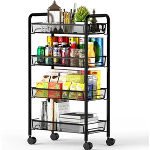 4 Tier Mesh Wire Rolling Cart, Kitchen Storage Organizer Utility Cart, Full Metal Basket Storage Art Trolley Carts with Wheels & 4 Side Hooks