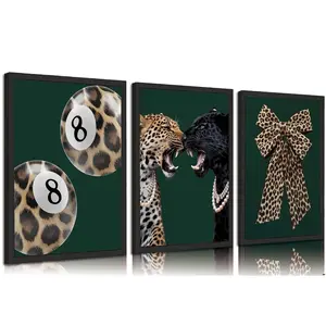 3pcs/set Frameless Trendy Cheetah Art Print Poster Emerald Green Leopard Printed Wall Art Canvas Painting Modern Fashion Animal Art Picture Home Decoration Leopard Print Design