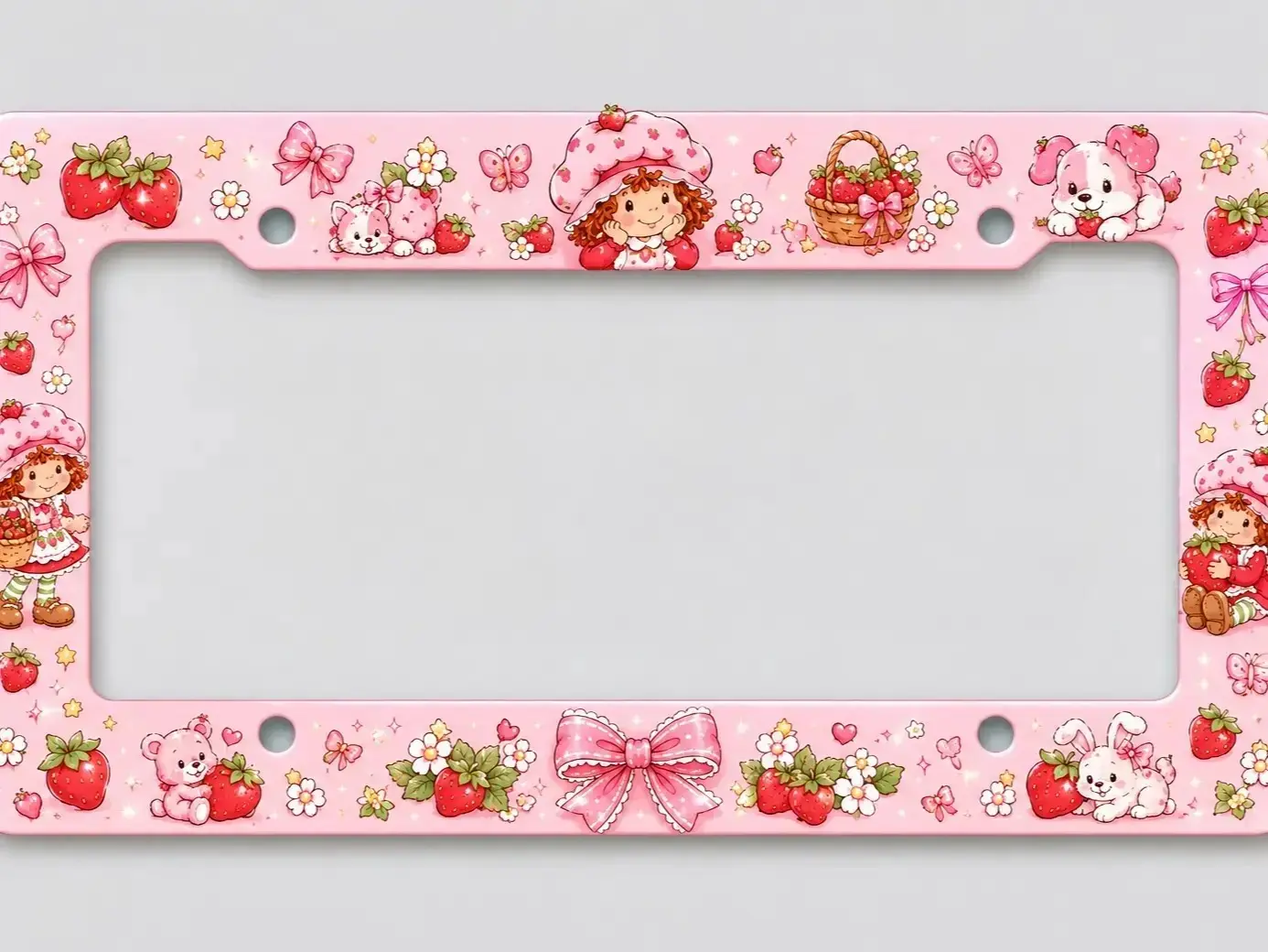 Strawberry Shortcake License Plate Frame – Cute Pink Strawberry Car Tag Holder, Kawaii Cartoon Vehicle Frame, Front & Rear Auto Accessory Gift