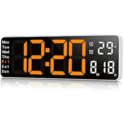 Large Digital Alarm Clock Wall Clock, Big LED/Dual Alarms/Brightness Adjustment/Date/Daylight Saving Time/Temperature/12-24 Hour Switching, Suitable for Living Room Bedroom Office Wall Decoration Gift Orange(White Shell)