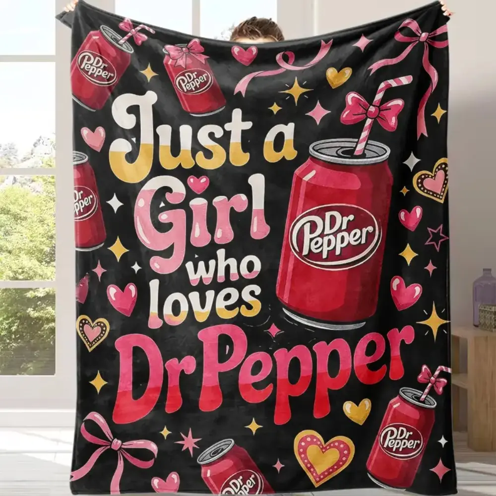Dr Pepper Themed Flannel Fleece Throw Blanket - Pink Bow Heart Art Print, Versatile for Sofa Bed Travel, Cute Gift for Soda Enthusiasts Girls, Indoor Outdoor Home Decor Lap Blanket