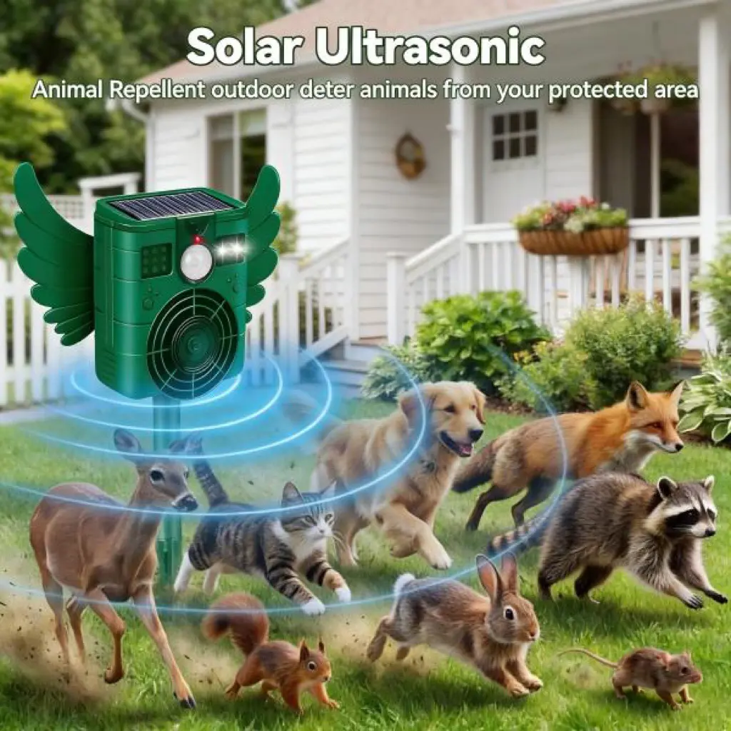 Solar-powered animal repellent device, suitable for raccoons, deer and squirrels - ultrasonic waves and strobe lights, for outdoor deterrence of cats, dogs, raccoons, rabbits, skunks, foxes, etc.