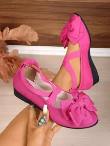 Women's Solid Color Bow Single Shoes, Elastic Strap Wedge Flat Shoes, Large Size Comfortable Commuter Shoes, Casual Daily Wear, Slip On Shoes