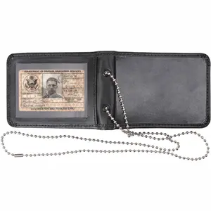 Black Leather Bi-Fold ID Holder & Neck Chain Clear PVC Pocket Wallet
