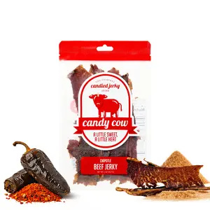 Candy Cow Chipotle, 2oz Bag, Sweet Candied Beef Snack – Smoky Chipotle Heat, Sweet & Savory Brisket, Slow-Build Spicy Beef Jerky for Heat Lovers, Resealable