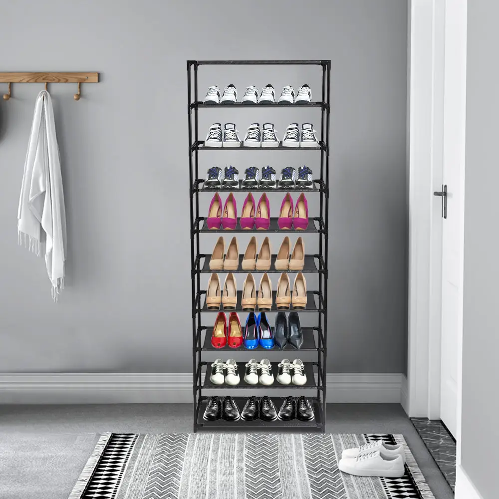 HAOYYE 10-Tier 30 Pairs Black Shoe Rack, Heavy Duty Stainless Steel Shoe Cabinet Storage Organizer, Space-Saving Vertical Shoe Shelf for Entryway, Clo
