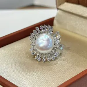 Natural freshwater pearl ring luxury inlaid classic style hot selling wite s925 pure silver Pearl 13-14mm
