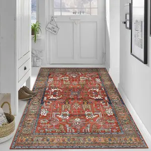 【Velvet + 850g/m² + Anti-slip dotted base】1pc rich red base retro Persian-style geometric totem pattern carpet, comfortable and beautiful, versatile decorative style, high-definition pattern printing with double-locked edges.