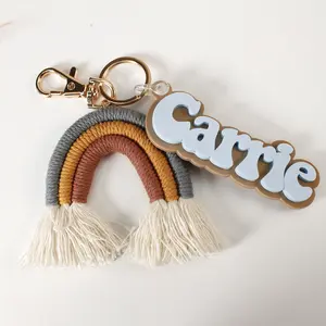 Brown and Blue Rainbow Backpack Tag with an Acrylic Name Charm, Macrame Rainbow Keychain with Tag, Back to School Supplies for Kids