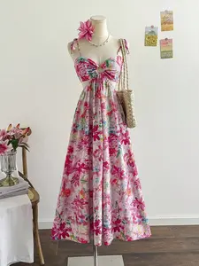 Women's Colorful Floral Oil Painting Print Shirred Shoulder Tie Waist A-Line Midi Dress, Vacation Rapunzel Cut-Out Dress Floral Dress Cherry Blossom Long Summer Dress Garden Party Dress
