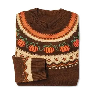 Round Neck Halloween Pumpkin Knit Sweater, Casual Fitted Graphic Pattern, Medium Fabric Thickness, Age Range 25–34, Autumn/Winter Season, Non-Sensitive Product