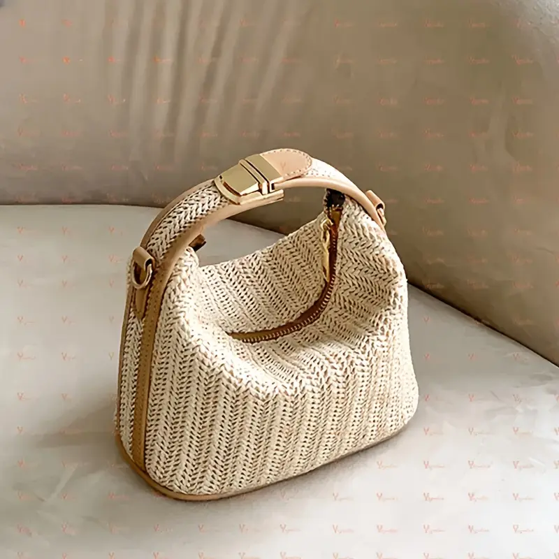 Women's Small Straw Tote Bag - High-Quality Woven Natural Fiber Beach Bag with Zipper Closure, Lightweight Khaki Casual Crossbody Shoulder Bag for Everyday Use & Coastal Outings le  cagoledenim