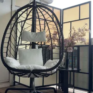 Patio Swing Egg Hanging Chair with Stand, Foldable Wicker Rattan Chair with Cushion, Pillow Holder for Indoor Outdoor Patio Garden Balcony