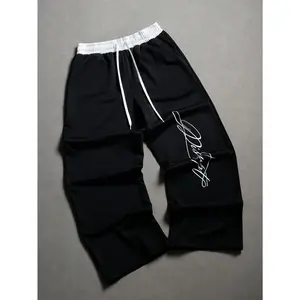 Y2K Contrast Waist Track Pants | Black Signature Print Wide-Leg Sweatpants