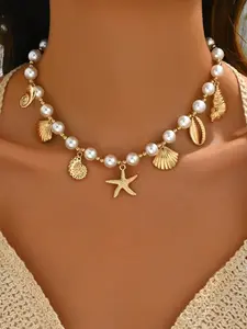Trendy Beaded Irregular Star Clavicle Chain Necklace, Pearl Alloy Sea Star Pendant, Unique Style Jewelry for Women