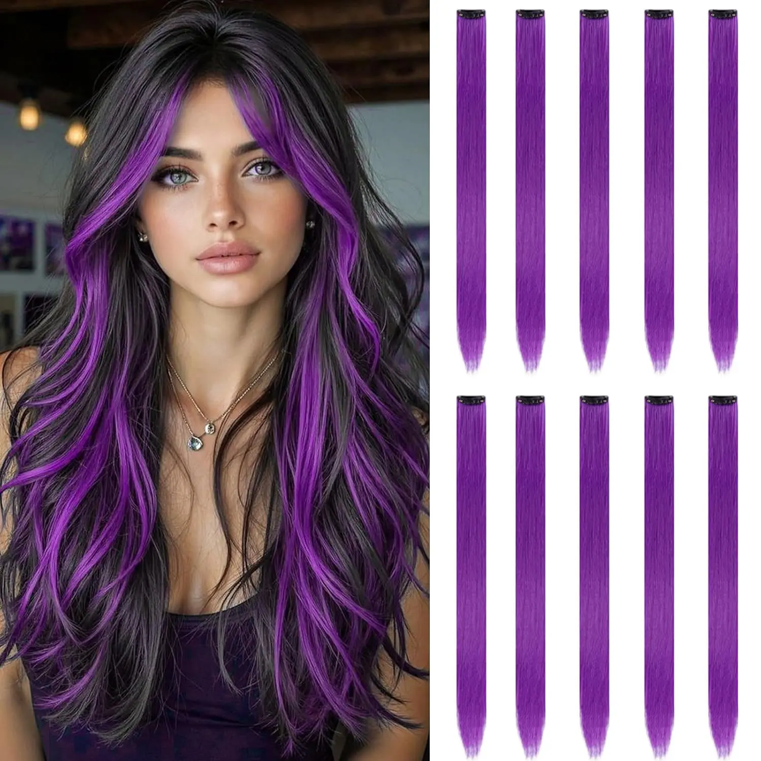 Colored Hair Extensions Clip in Synthetic Hairpiece 10 PCS 22 Inch Long Straight Hair Pieces for Women Girls Cosplay Party Birthday Gifts