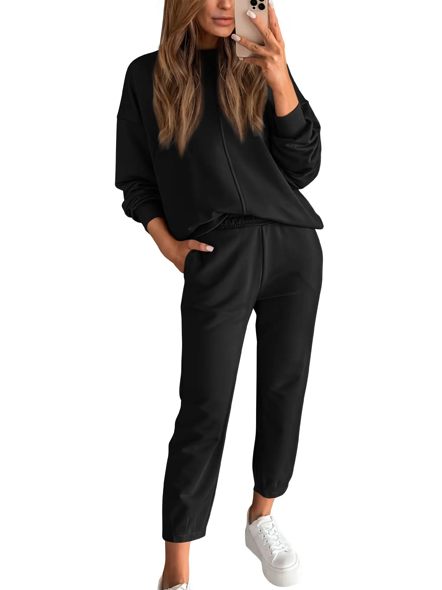 BTFBM Women's Basic 2-Piece Longsleeves 2025 Pullover Jogger Pants Lounge Sets Sweatsuits Tracksuit Overalls with Pockets