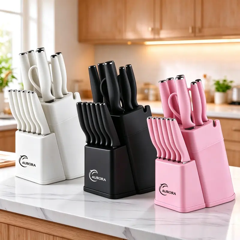 Girly 15-Piece Thick Modern Knives Kitchen Set - Rustproof Scratch-Resistant Durable Stainless Steel, Blush Pink Serrated Knives, Built-In Block Sharpener, 6 Utensils, Storage Holder for Daily Ready Culinary Tasks