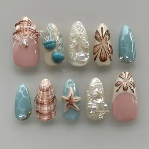 10 Pcs 3D Ocean Shell Starfish Almond Nails, Blue Wave Pattern with Natural Pearl Accents, Glossy Fake Nails for All Women, Party, Vacation, Daily Wear