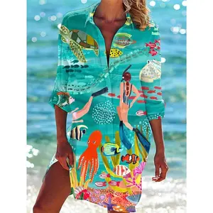 Spring/Summer Women's Plus Size Shirt Coat Women's Printed Vacation Beach Shirt Top Womenswear