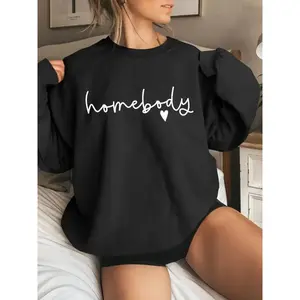 (Sale Off Up To 50%) Homebody Sweatshirt, Women's Letter & Heart Print Drop Shoulder Sweatshirt, Casual Long Sleeve Round Neck Pullover for Daily Wear, Ladies Clothes for All Seasons