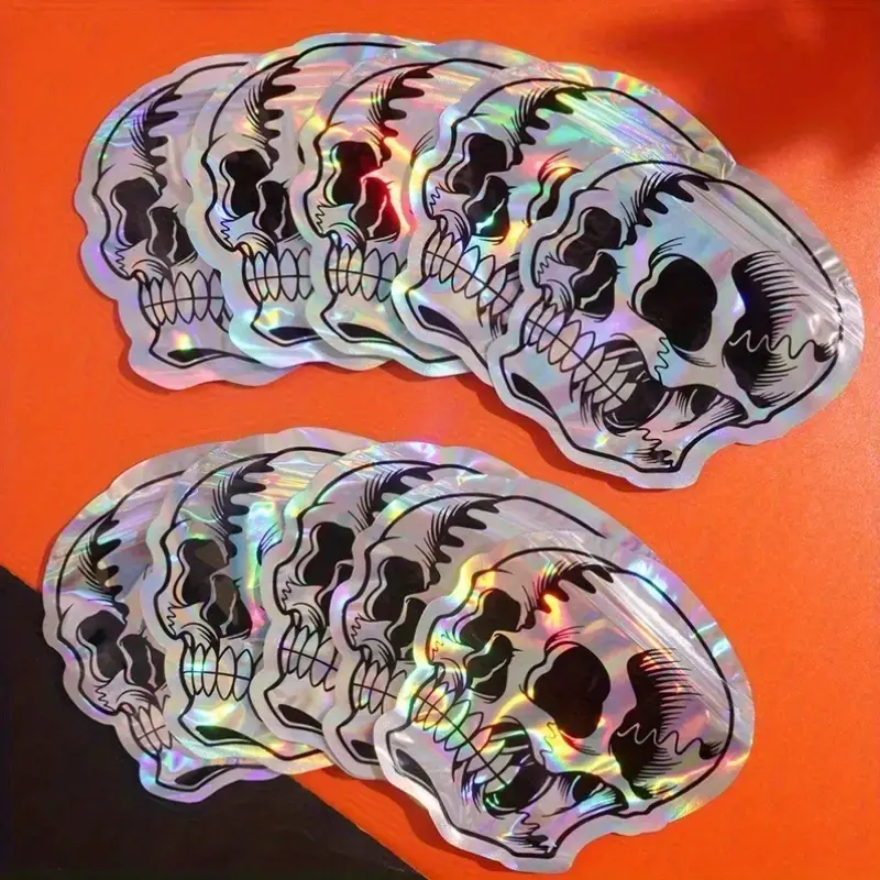 Halloween Gift Bags Set of 10, Self-Sealing Skull Goodie Candy Bags, Loot Bags, Unique Shiny Laser Design, Perfect for Halloween Parties, Party Favors & Gifts