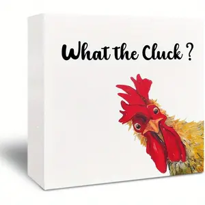 Funny Rooster Wooden Box Sign - Rooster Kitchen Decor, Rooster Decor, Rustic Farmhouse What the Cluck Rooster Wooden Box Sign for Home Shelf Desk Table 5x5 Inch