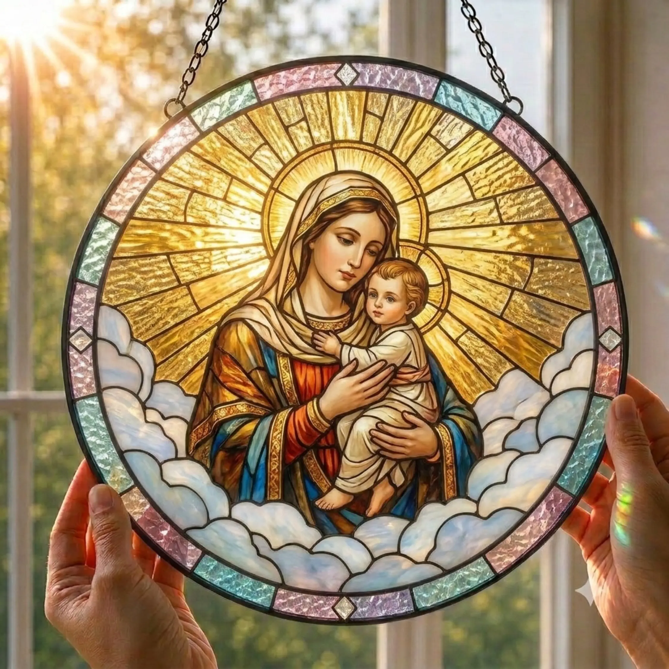Virgin Mary Baby Jesus Stained Glass Suncatcher Round Window Hanging Christian Home Decor Religious Gift