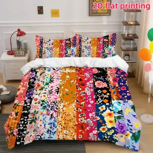2D Flat 3Pcs Bohemian Floral Patchwork Duvet Cover, Colorful Multi-Pattern Flower Stripe Bedding (1 + 2 Pillowcases, No Insert) - Suitable For Bedroom And Guest Room Home Decor.