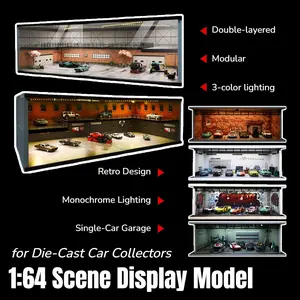 NUEIOVRW 1/64 Scale Diorama Car Showroom Model with Dimmable LED Lighting City Parking Lot for Diecast Car Display Case Collections Ornament Toys