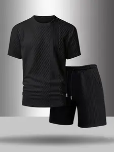 Men's 2-Piece Spring Summer Set Matching with Solid Color Short Sleeve T-Shirt, Casual Loose Textured Knit Top and Outdoor Drawstring Shorts