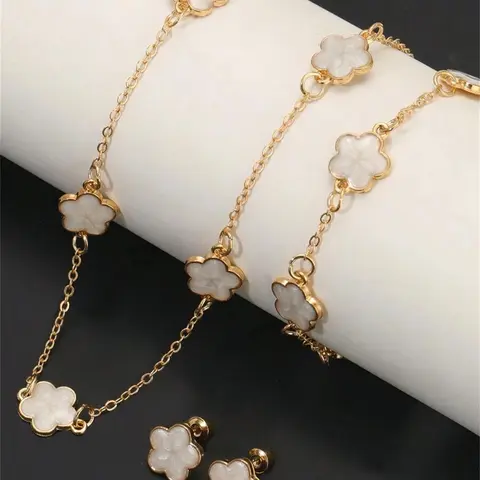 Five Leaf Clover Design Matching Elegant Jewelry Set, Including Necklace & Bracelet & Earrings, Fashion Vintage Jewelry Set for Party, Daily Clothing Decor, Fashionable Jewelry Set, Trendy Jewelry Set, Cute Jewelry, Jewellery, Costume Jewelry Set