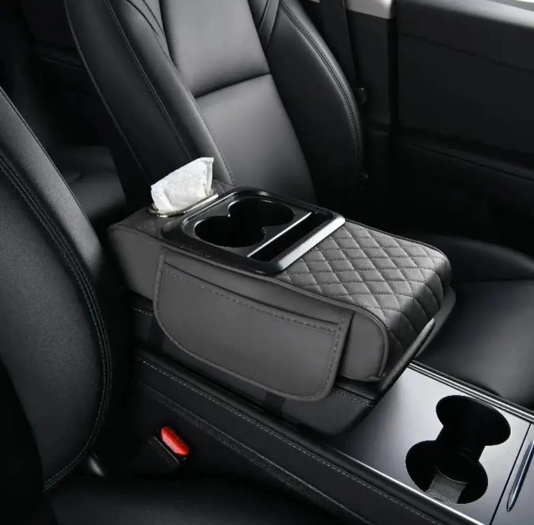 5-in-1 Car Armrest Cushion, Multifunctional PVC Leather Center Console Armrest Pillow Elbow, Universal Arm Box Pad Cover with Cup Holder, Phone Slot, Tissue Box Slot & 2 Storage Bags, Black
