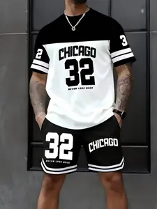 Men's Outdoor Set 2-Piece Summer Fashion Streetwear Short Sleeve Round Neck + Shorts Quick-Dry Fabric, Geometric Print Street Style