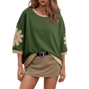 Dokotoo Womens Tops 2026 Summer 3/4 Sleeve Floral Sweatshirt Casual Crew Neck Oversized Colorblock Blouses