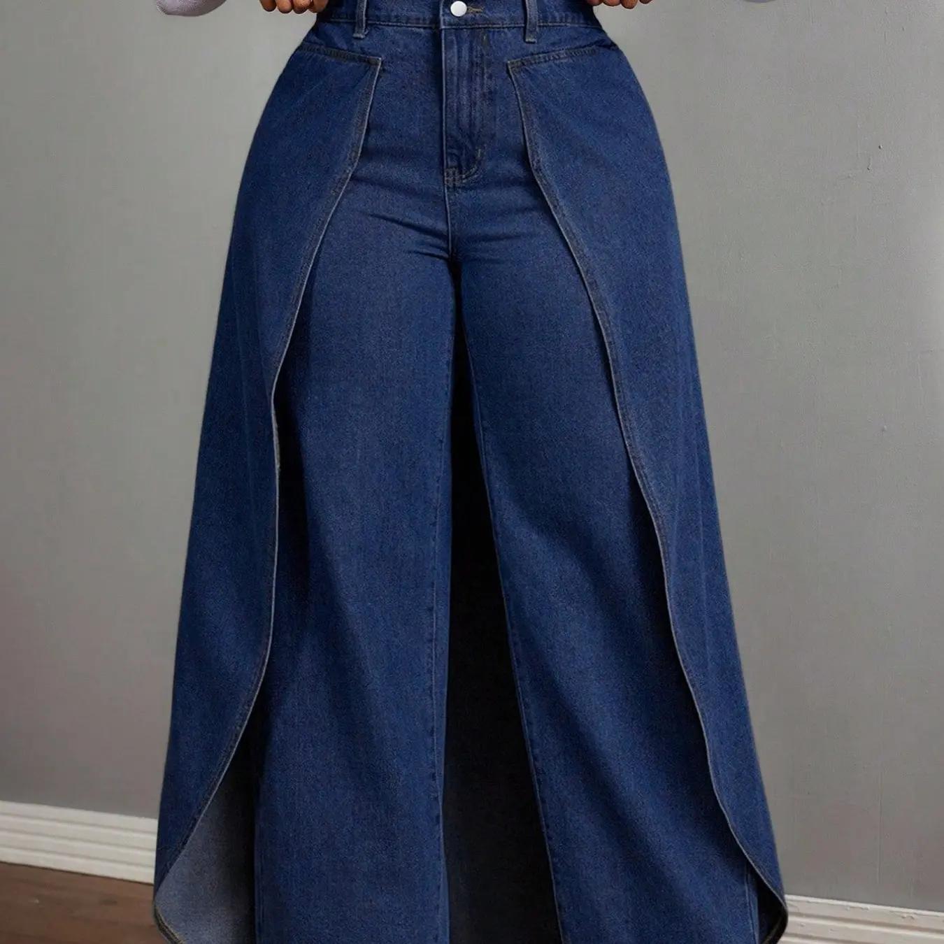 Women's Plus Size Two-Piece Denim Jeans, Casual Faux Two-Piece Design, Comfortable and Stylish Jeans for Everyday Wear, Pants, Womenswear