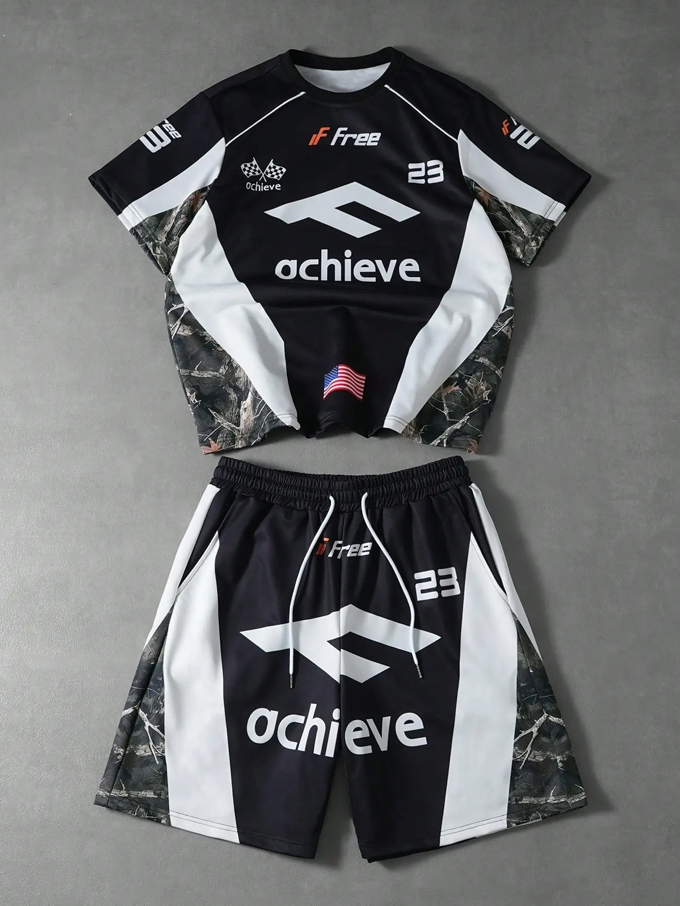Men's Achieve Racing Suit, Short Sleeve Tee and Drawstring Shorts, Comfortable Fabric for Street Style, Sporty Style Clothes, Ideal for Weekend Outings and Casual Gatherings, Sporty Set