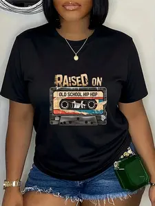 100% Cotton Unisex RAISED ON OLD SCHOOL HIP HOP Tshirt Cassette Graffiti Rap T-Shirt Graphic Vintage Casual Round Neck Tshirt
