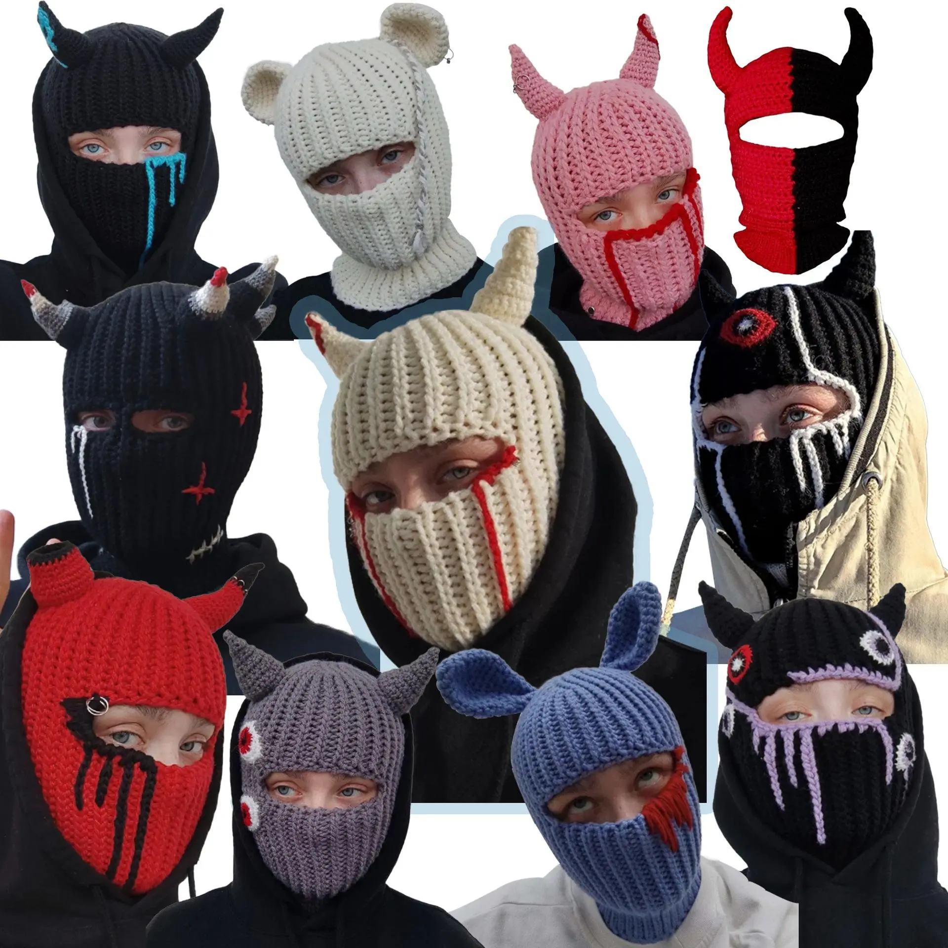 Unisex Knitted Devil Horn Balaclava - Warm Autumn Winter Face Covering, Comfortable Polyester Accessory, Funny Party Hat Scarf for Halloween
