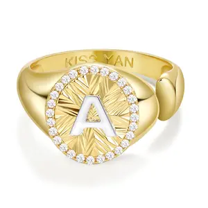 KissYan Initial Ring for Women,14K Gold Plated Adjustable CZ Halo Monogram Signet Letter Ring, Tarnish Resistant Statement Jewelry Gift