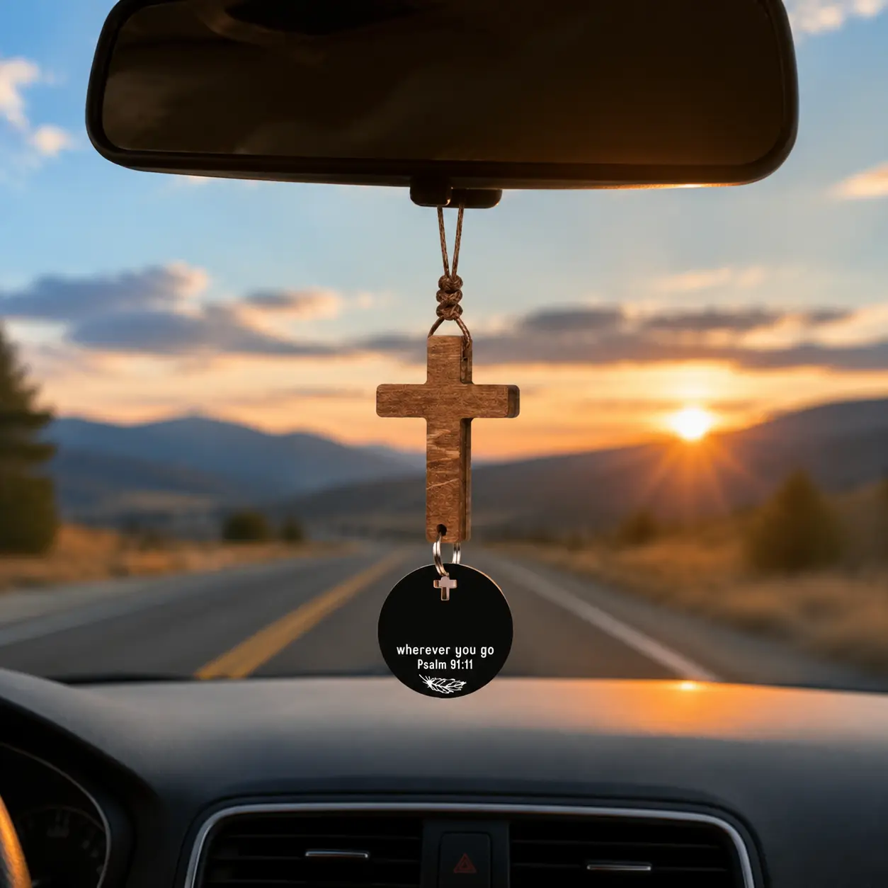 Personalized Engraved Wooden Heart Car Rearview Mirror Hanging Ornament Walnut Color Cross Letter Car Keychain Gift Set Automotive Auto Seat