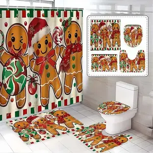 1/4pc Christmas gingerbread man candy design shower curtain set, bathroom mat, toilet seat cover, U-shaped mat, festive bathroom decoration, Christmas gift, perfect for bathroom decoration, partition, includes 12 shower curtain hooks, Bathroom Accessory