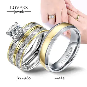 Luxury Couple Wedding Ring Set for Women & Men – Cubic Zirconia Engagement Promise Rings, Stainless Steel Matching Band
