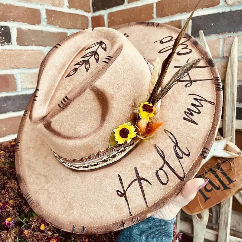 Hand Burned Floral Cowboy Hat Size 7 | Western Boho Tan Wide Brim Hat Buy Longhorn Cow Floral Skull Hand Burned Custom Wide Brim  main image 4