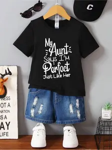 1pc Children's Tshirts Aunt Saying Print Black TShirt, Casual Crew Neck Tshirt for Boys and Girls, Machine Washable, Suitable for Spring, Summer and Autumn. Valentine's Day, Thanksgiving Day, New Year's Day